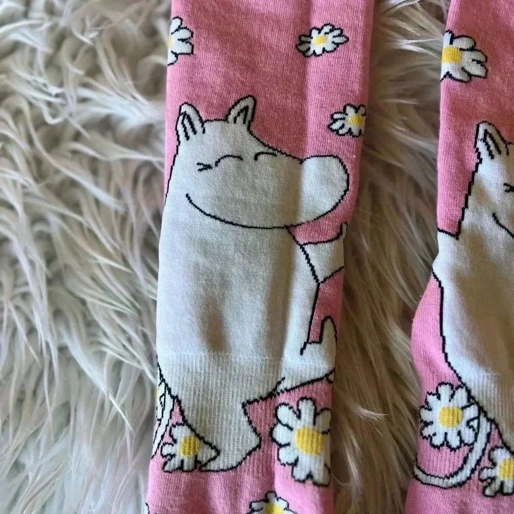 Moomin Pink Daisy Socks, Striped Design, Size L/XL, Cute & Comfy